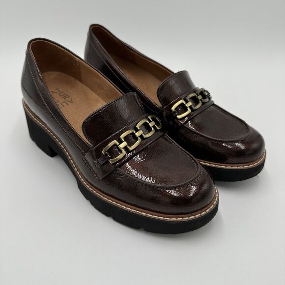 Naturalizer Loafer Womens Size 7.5 Brown Patent Platform Chunky Platform Chain - Picture 1 of 11